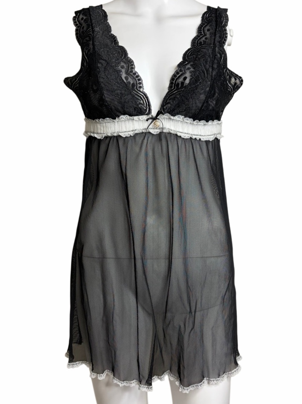 Seductive wear Black Lace & Mesh Chemise with White Trim Medium